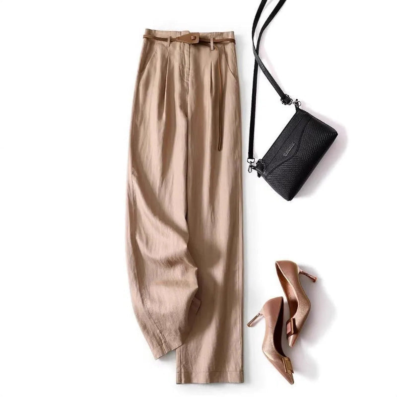 Women's wide-leg pleated trousers with removable slim belt, relaxed tailored fit, neutral tone