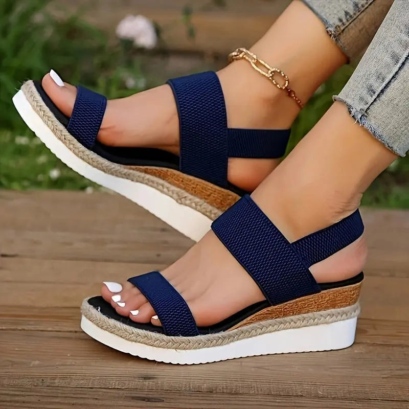 Women's espadrille wedge sandals with elastic ankle strap, jute-wrapped platform sole, chic summer style