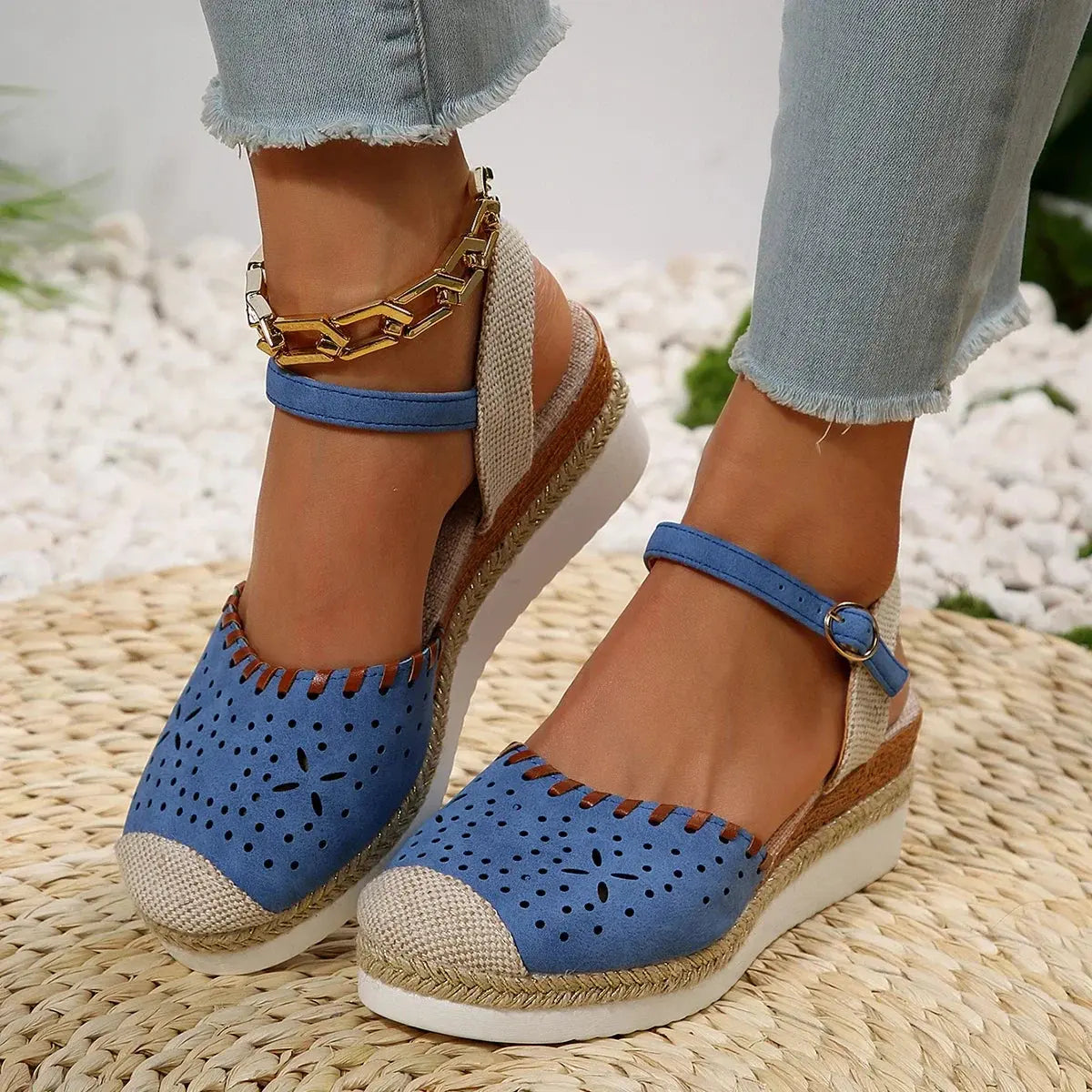 Women's closed-toe espadrille wedge sandals with secure buckle straps for all-day comfort