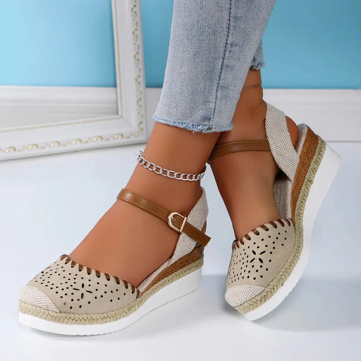 Women's closed-toe espadrille wedge sandals with secure buckle straps for all-day comfort