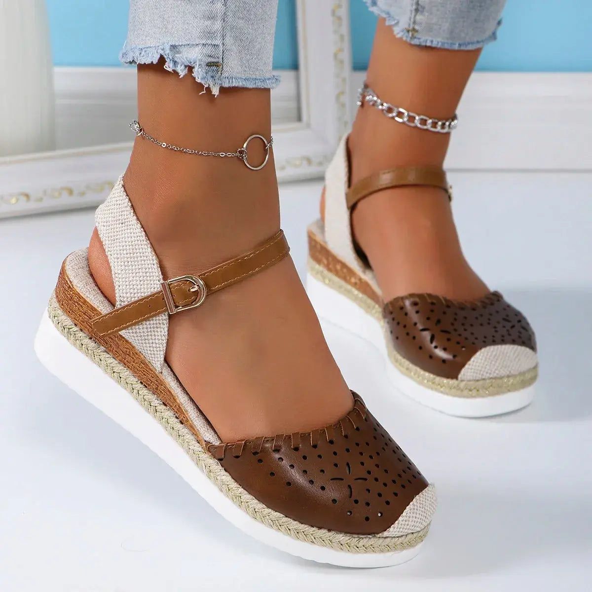 Women's closed-toe espadrille wedge sandals with secure buckle straps for all-day comfort
