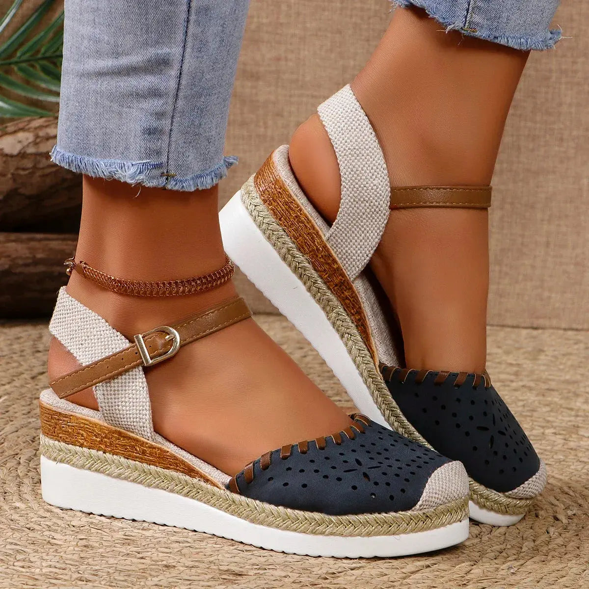Women's closed-toe espadrille wedge sandals with secure buckle straps for all-day comfort