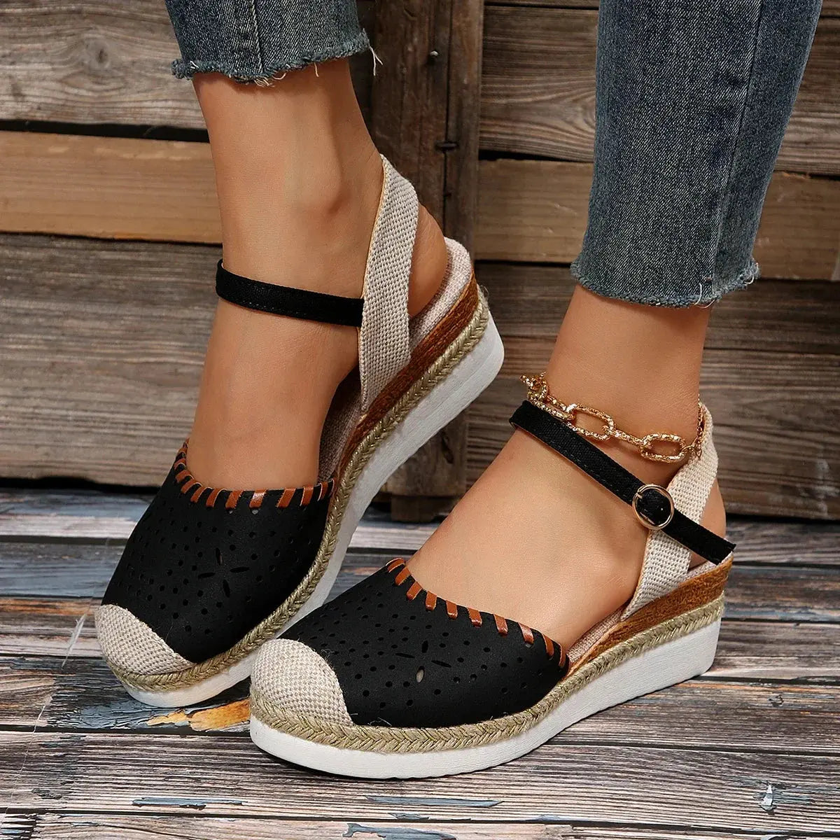 Women's closed-toe espadrille wedge sandals with secure buckle straps for all-day comfort