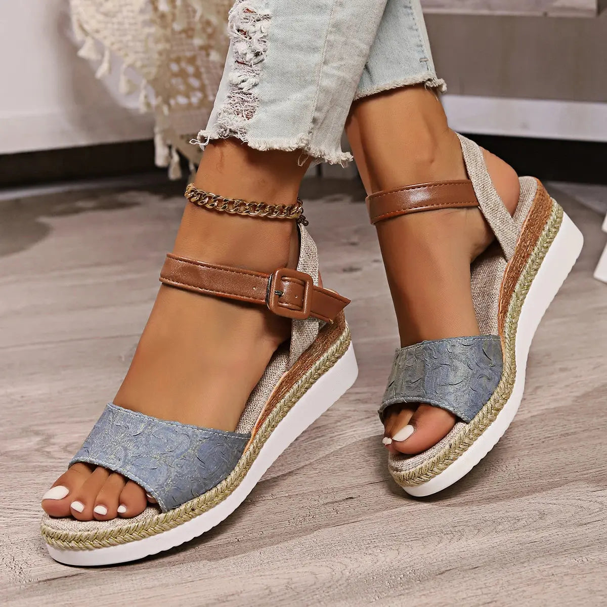 Women's beige espadrille wedge sandals open toe summer footwear with braided platform heel