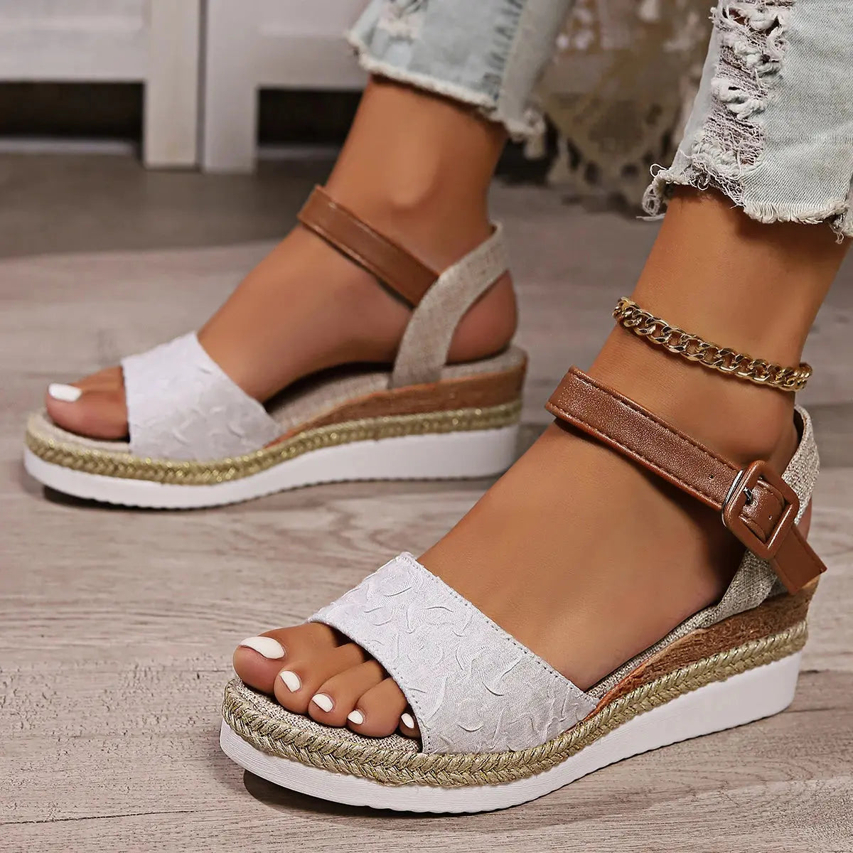Women's espadrille wedge sandals open toe summer casual beige braided jute platform footwear
