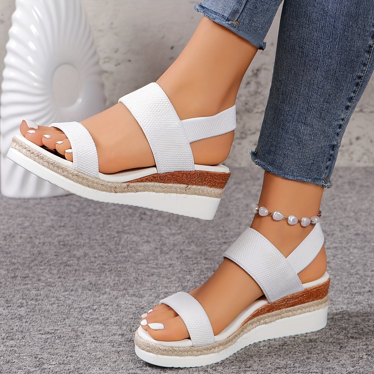 Women's beige PU leather espadrille wedge sandals with elastic ankle strap and jute platform sole