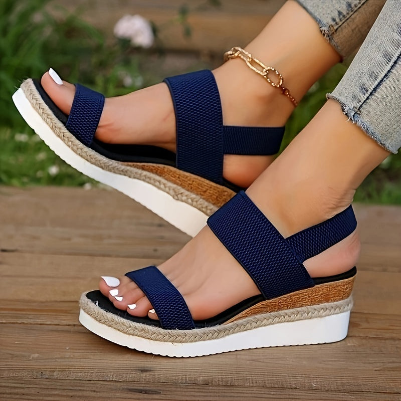 Women's PU leather espadrille wedge sandals with elastic ankle strap and natural jute platform sole