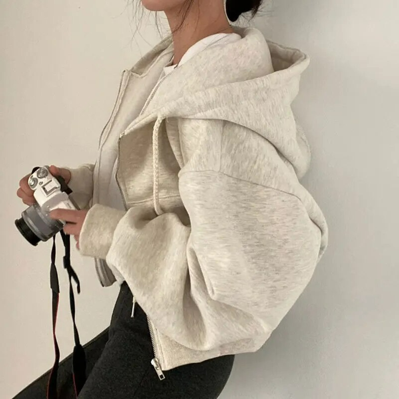 Women's cropped plush fleece hooded jacket zip-front oversized silhouette for casual street style