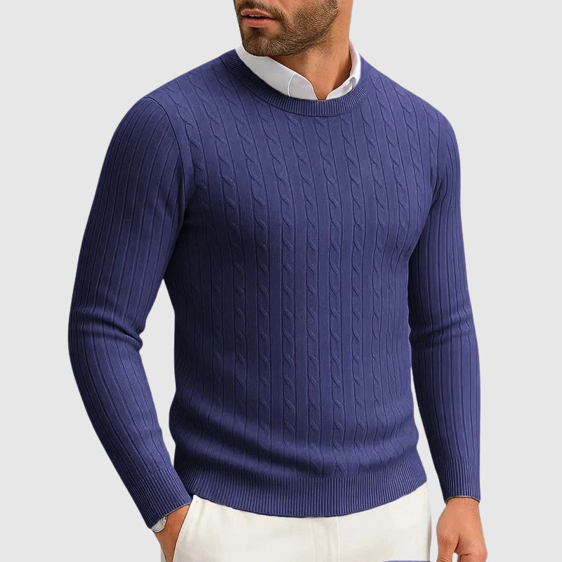 Women's cream cable knit sweater ribbed trim cotton-poly blend structured everyday essential
