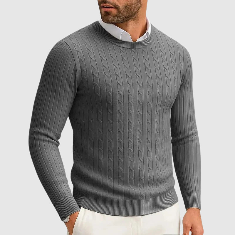 Women's cream cable knit sweater ribbed trim cotton-poly blend structured everyday pullover