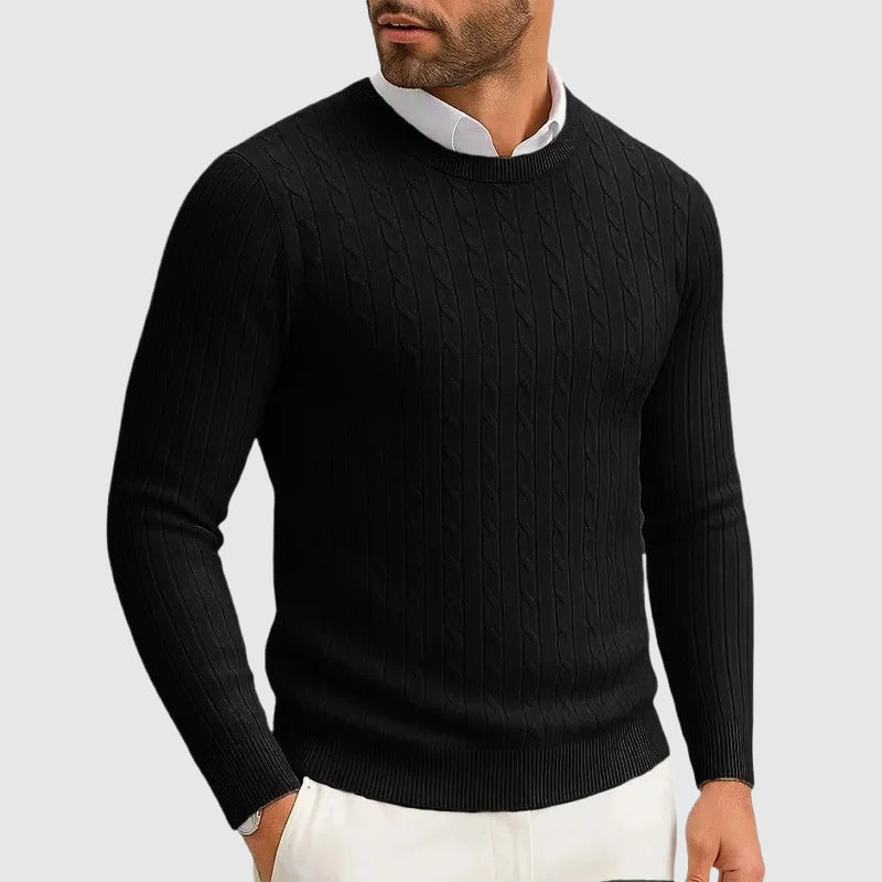 Women's cream cable knit sweater ribbed trim cotton-poly blend structured everyday essential