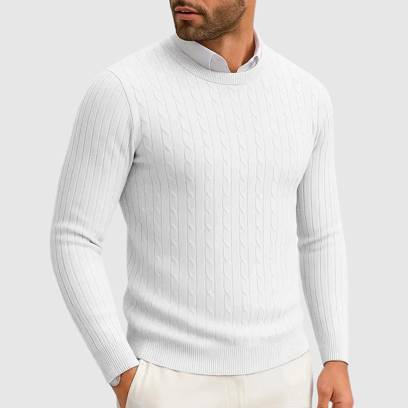 Women's cream cable knit sweater with ribbed trim, structured silhouette, and vertical texture pattern