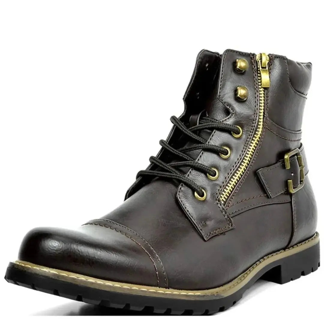 Men's full-grain leather combat boots rugged lace-up silhouette with buckle detailing for tough everyday style