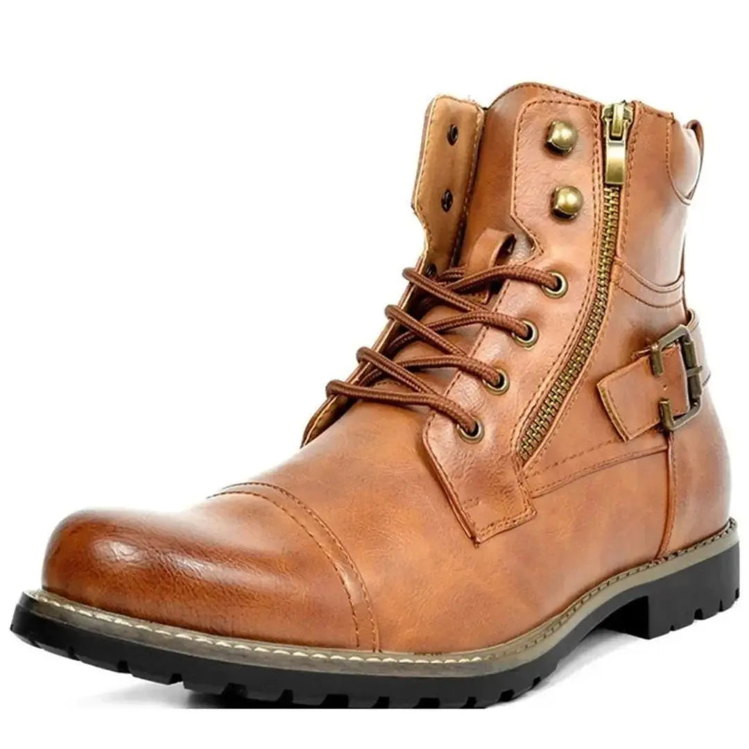 Men's full-grain leather combat boots rugged lace-up design with buckle detailing for tough everyday style