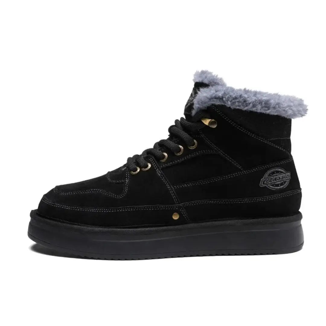 Men's brown cowhide leather high-top boots with plush fur lining for cold weather