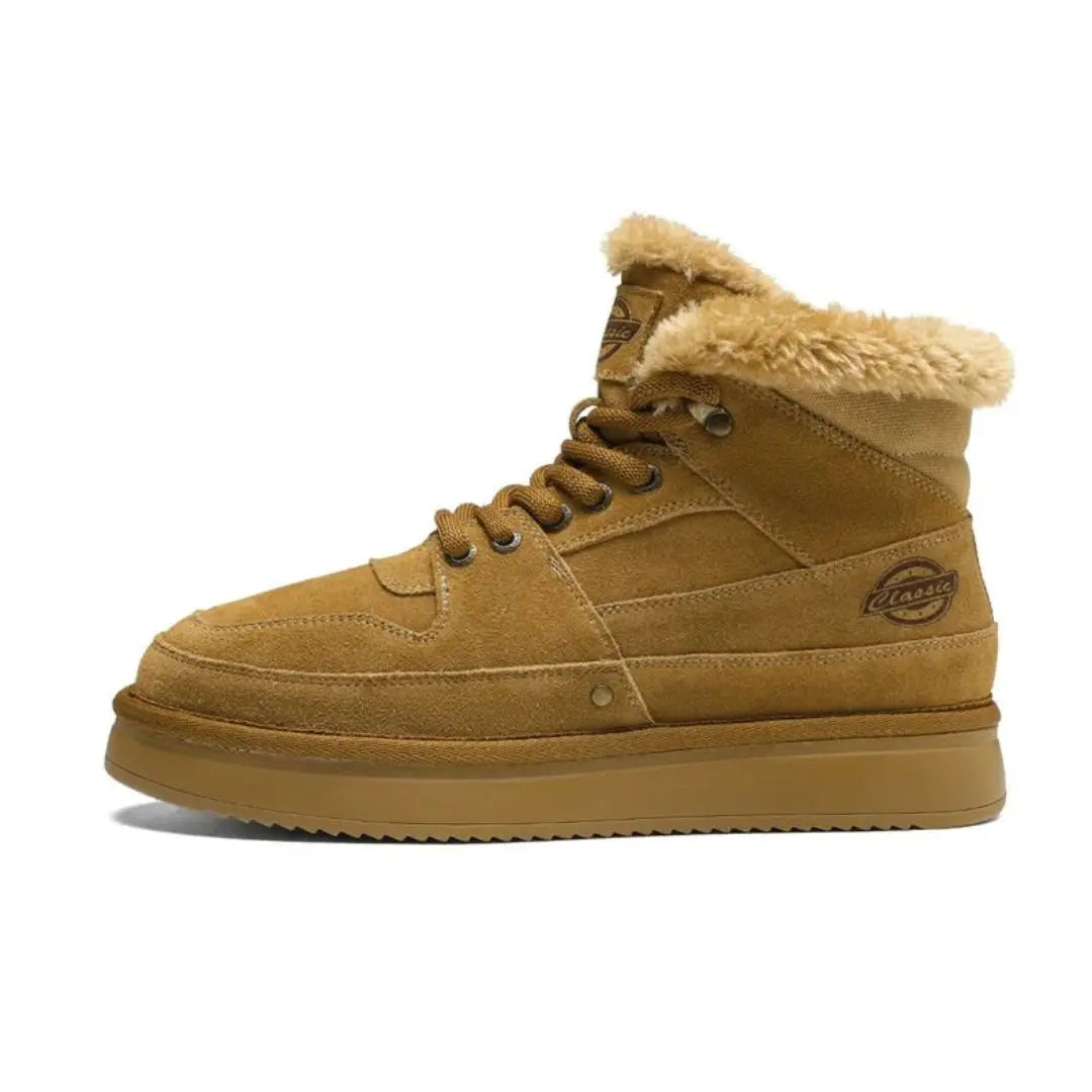 Men's brown high-top cowhide leather boots with plush fur lining for cold weather