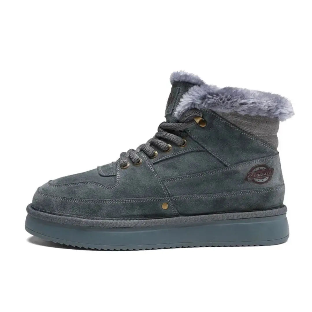 Rugged brown cowhide leather high-top boots with plush fur lining for cold weather
