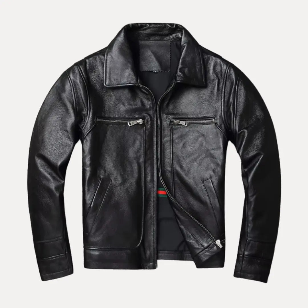 Men's vintage brown genuine cowhide moto leather jacket with structured fit and warm lining
