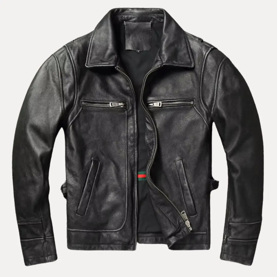 Men's vintage brown genuine cowhide moto leather jacket with structured fit and warm lining