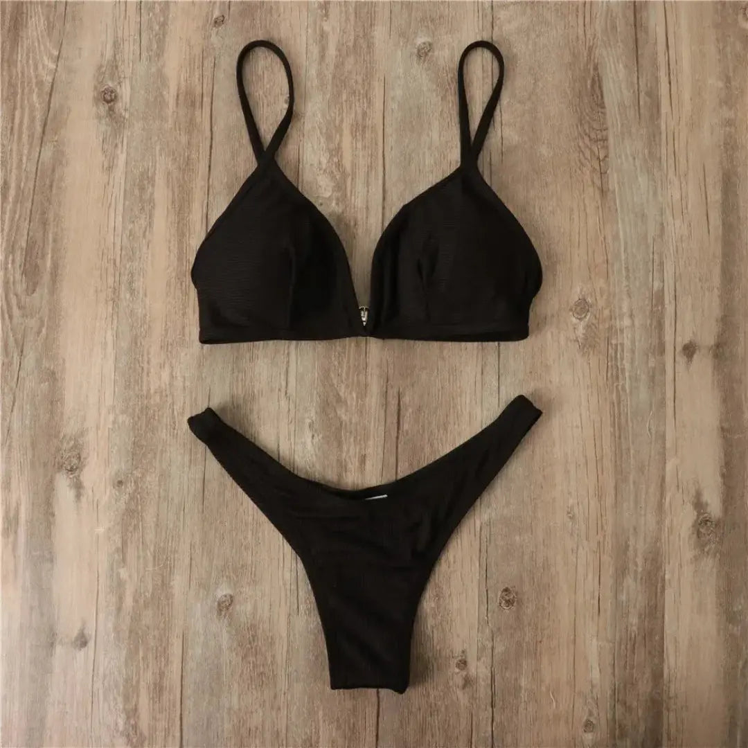 Women's ribbed bikini set with plunge V-wire triangle top and push-up padding, beach-ready swimwear