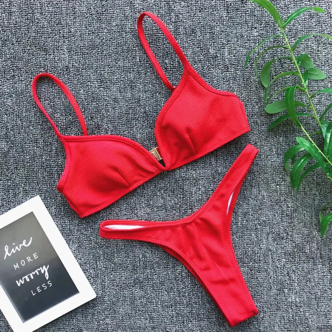 Women's ribbed bikini set plunge V-wire triangle top push-up padded design beach swimwear