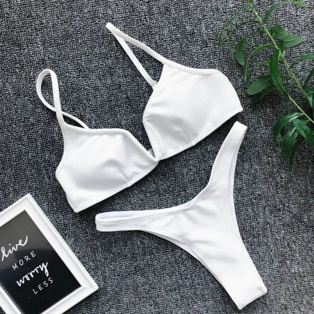 Women's ribbed bikini set plunge V-wire triangle top push-up padded design beach swimwear