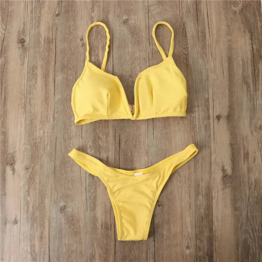Women's ribbed bikini set with plunge V-wire triangle top and push-up padding, beach-ready swimwear