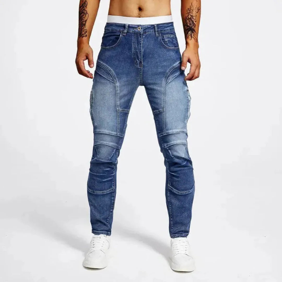 Men's blue skinny moto jeans premium stretch denim distressed panel stitching biker-inspired style