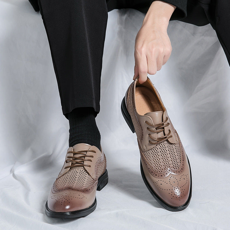 Men's brown leather wingtip brogue Oxford shoes with perforated mesh breathable cushioned sole