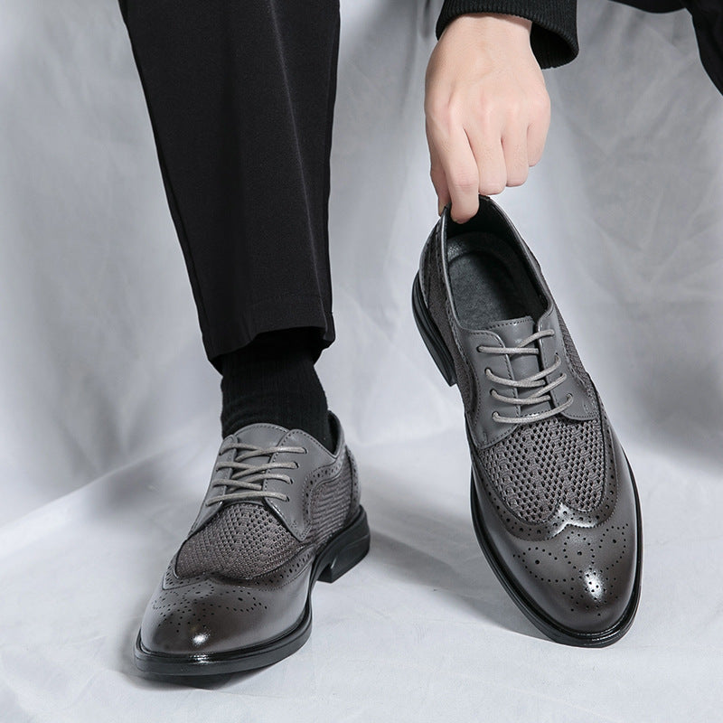 Men's brown leather wingtip oxford dress shoes with brogue detailing and breathable perforated upper
