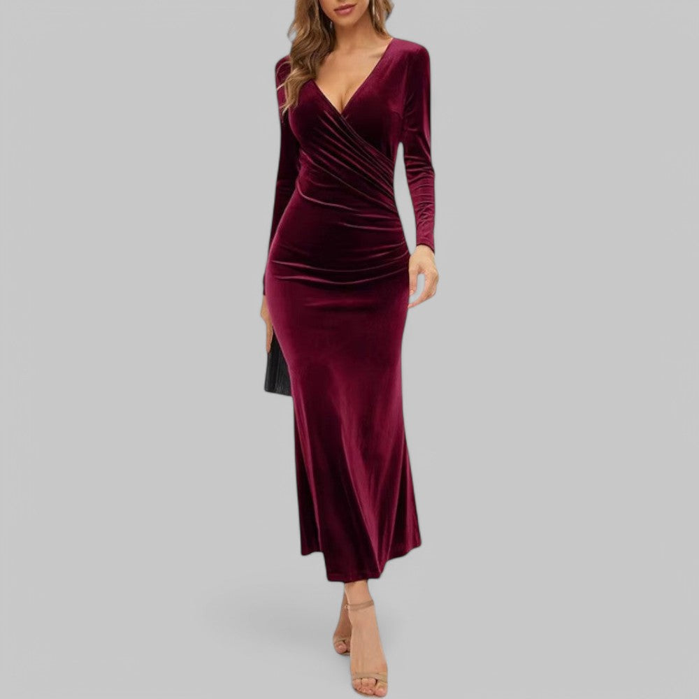 Women's maxi evening gown V-neck long sleeves wrap waist elegant formal dress