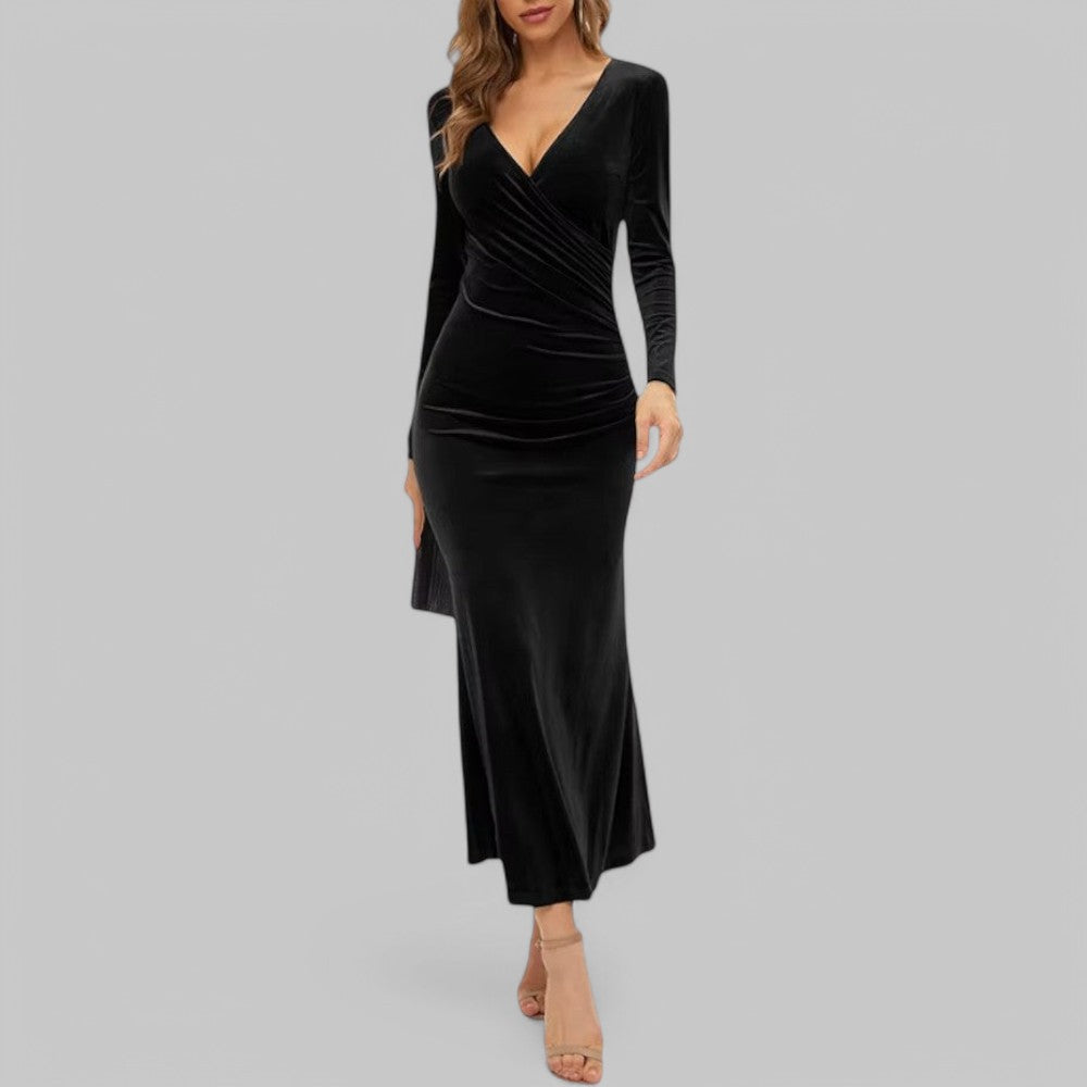 Women's maxi evening gown V-neck long sleeves wrap waist formal dress elegant silhouette
