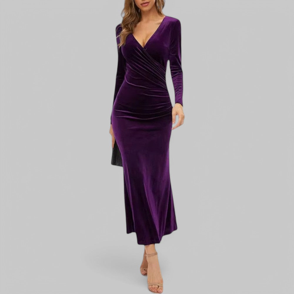 Women's elegant maxi evening gown with V-neck, long sleeves, wrap waist silhouette formal dress