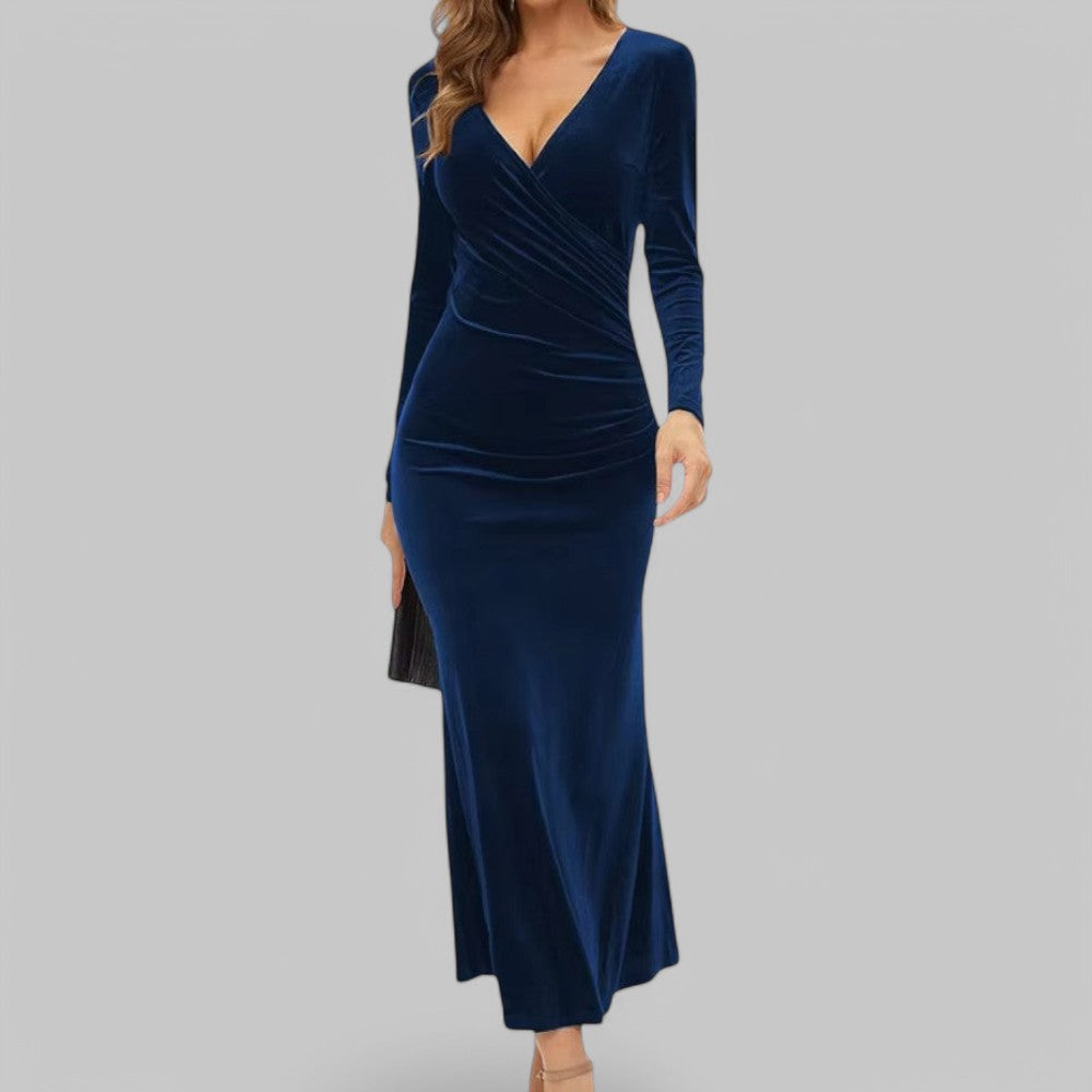 Women's maxi evening gown with V-neck, long sleeves, wrap waist silhouette, elegant formal style