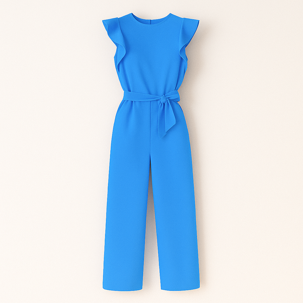 Elegant wide-leg jumpsuit with flutter sleeves and matching belt for professional women