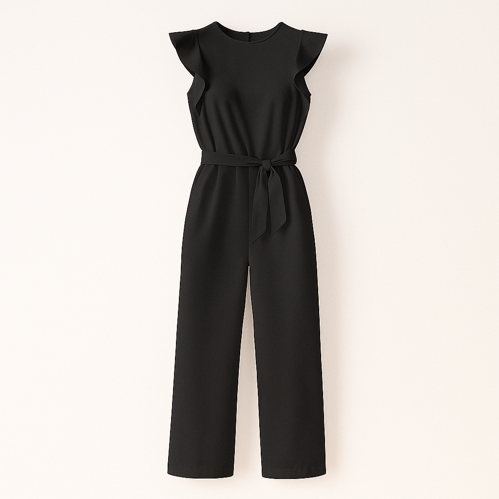 Elegant wide-leg jumpsuit with flutter sleeves and matching belt for professional women