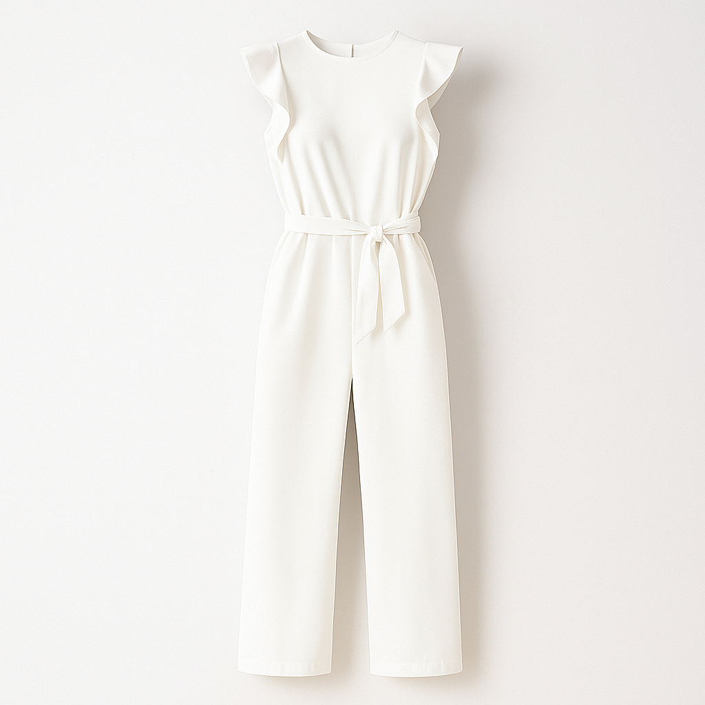 Elegant wide-leg jumpsuit with flutter sleeves and matching belt for professional women