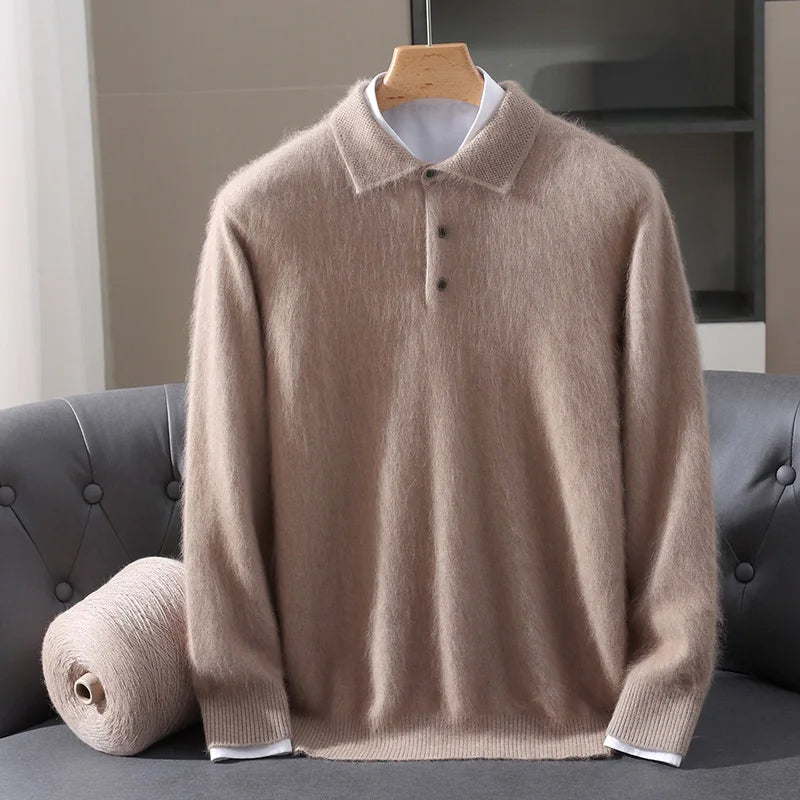 Unisex cashmere blend polo sweater luxurious knit with classic collar and button placket