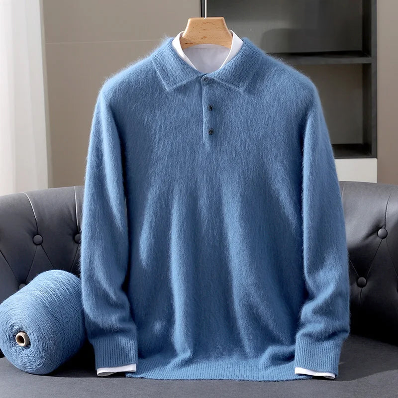 Unisex cashmere blend polo sweater luxurious knit with classic collar and button placket