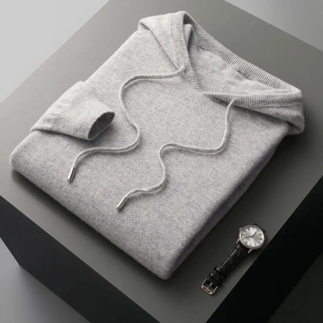 Everett merino wool hoodie sweater in neutral knit, ultra-soft everyday layering piece with relaxed fit