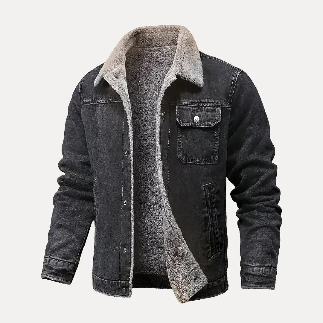 Everett vintage denim trucker jacket with soft cotton fleece lining in classic blue wash