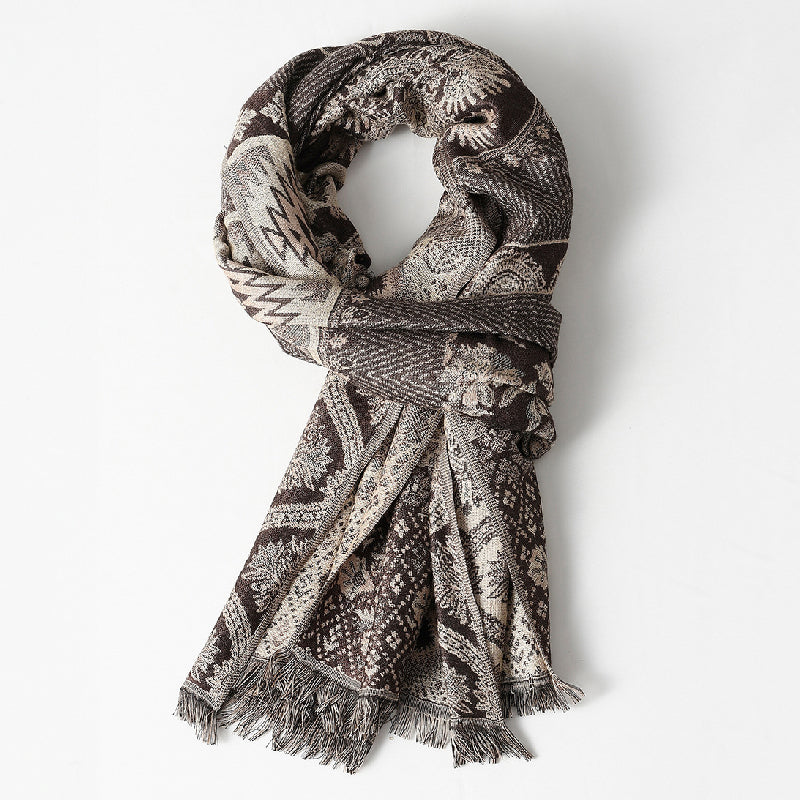 Everglow jacquard scarf premium viscose blend with intricate pattern and delicate fringed edges