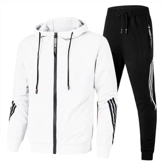 Men's casual zip-up hoodie and slim jogger tracksuit set with bold side stripes