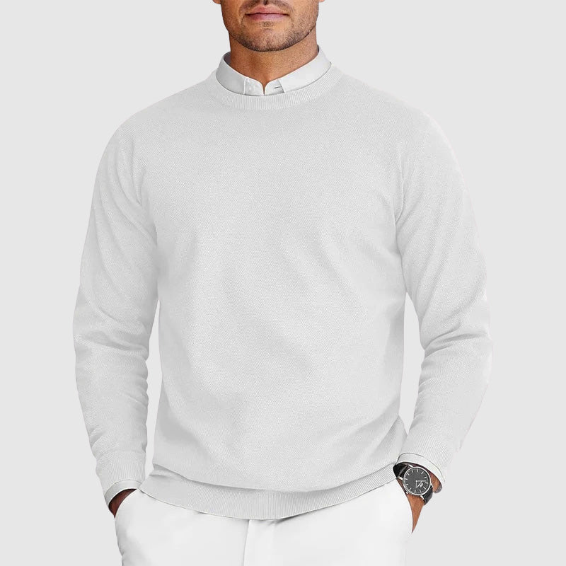 Men's lightweight crew neck sweater neutral tone minimal knit slim fit versatile everyday casual layer