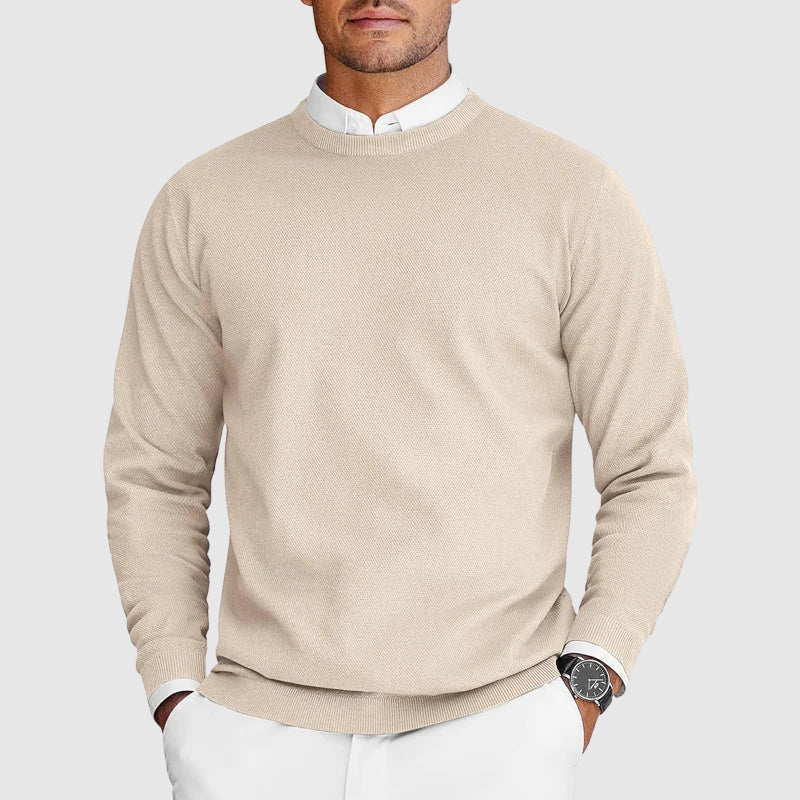 Men's textured crewneck knit sweater in neutral tone, slim everyday fit with subtle surface detail