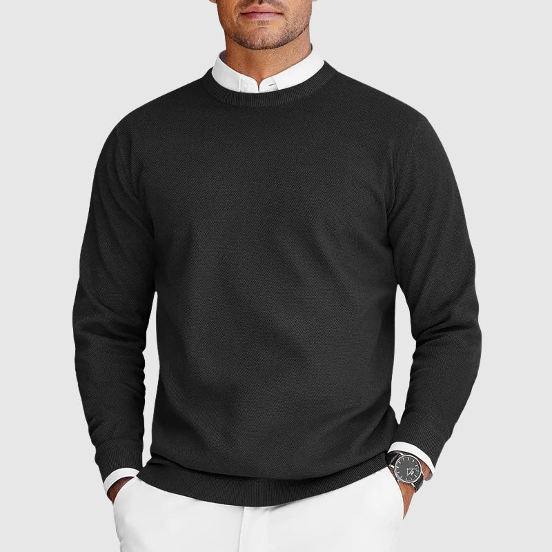 Men's textured crewneck knit sweater in neutral tone, slim everyday fit with subtle surface depth