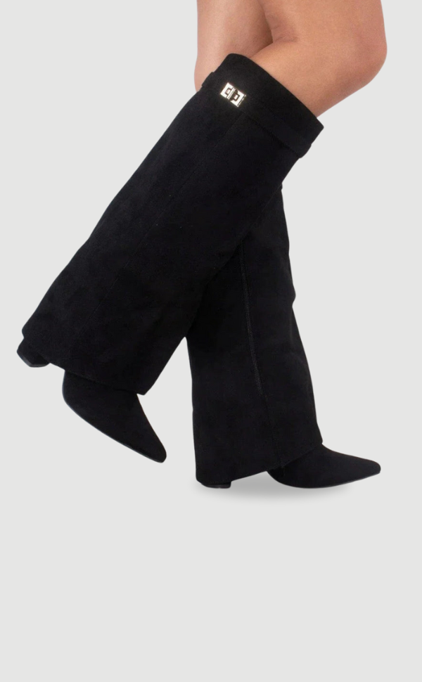 Women's black slouchy thigh-high boots pointed toe fold-over shaft elegant chic silhouette