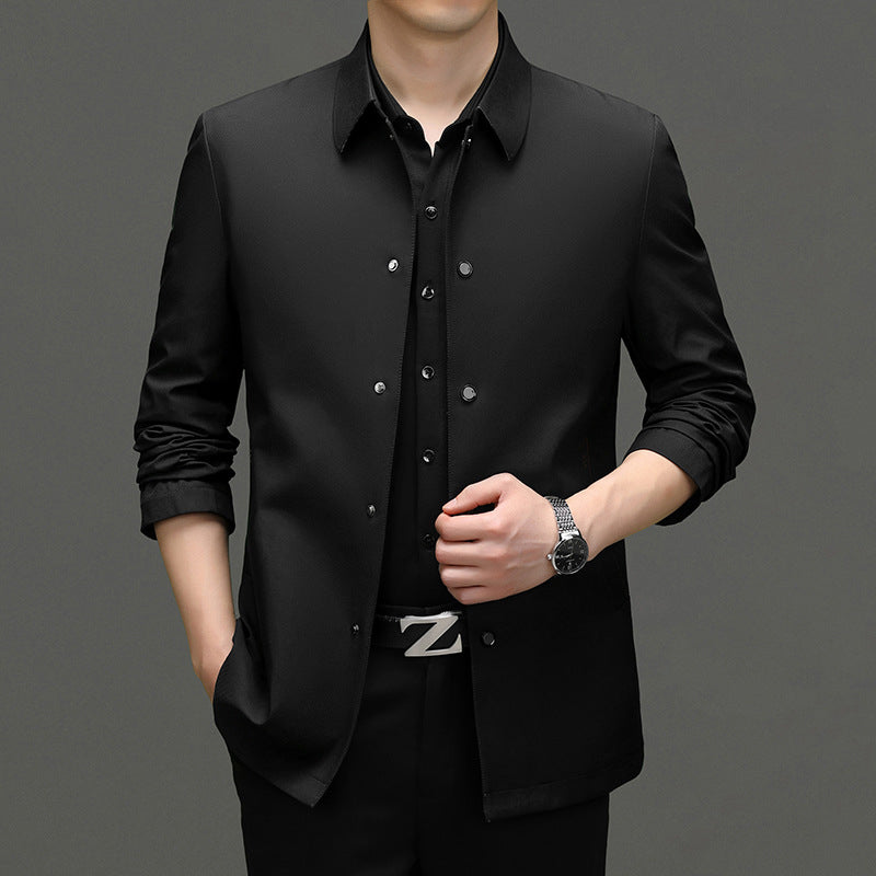 Men's slim-fit lightweight navy blazer tailored polyester executive jacket professional silhouette