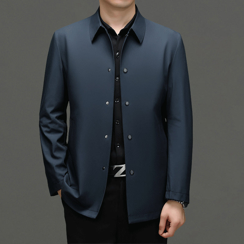 Men's slim-fit lightweight navy polyester blazer tailored executive cut wrinkle-resistant professional jacket