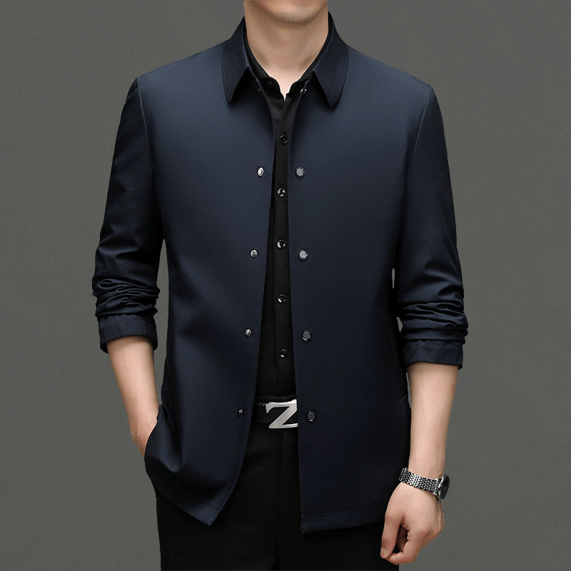 Men's slim-fit lightweight black polyester blazer tailored professional executive style wrinkle-resistant